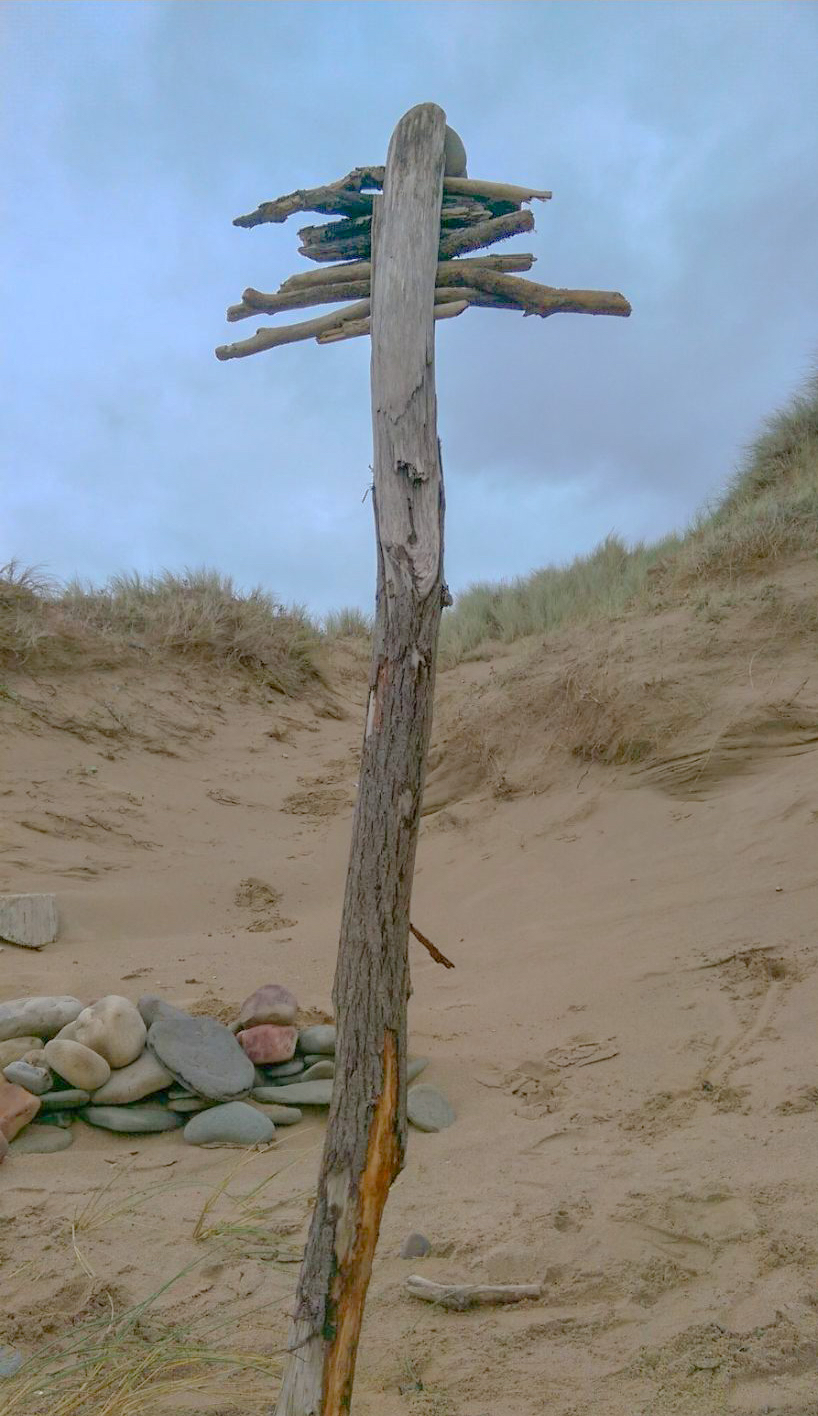 A large branch is stuck in the sand like a sign post. The dune sand and grasses behind and a pile of pebbles.