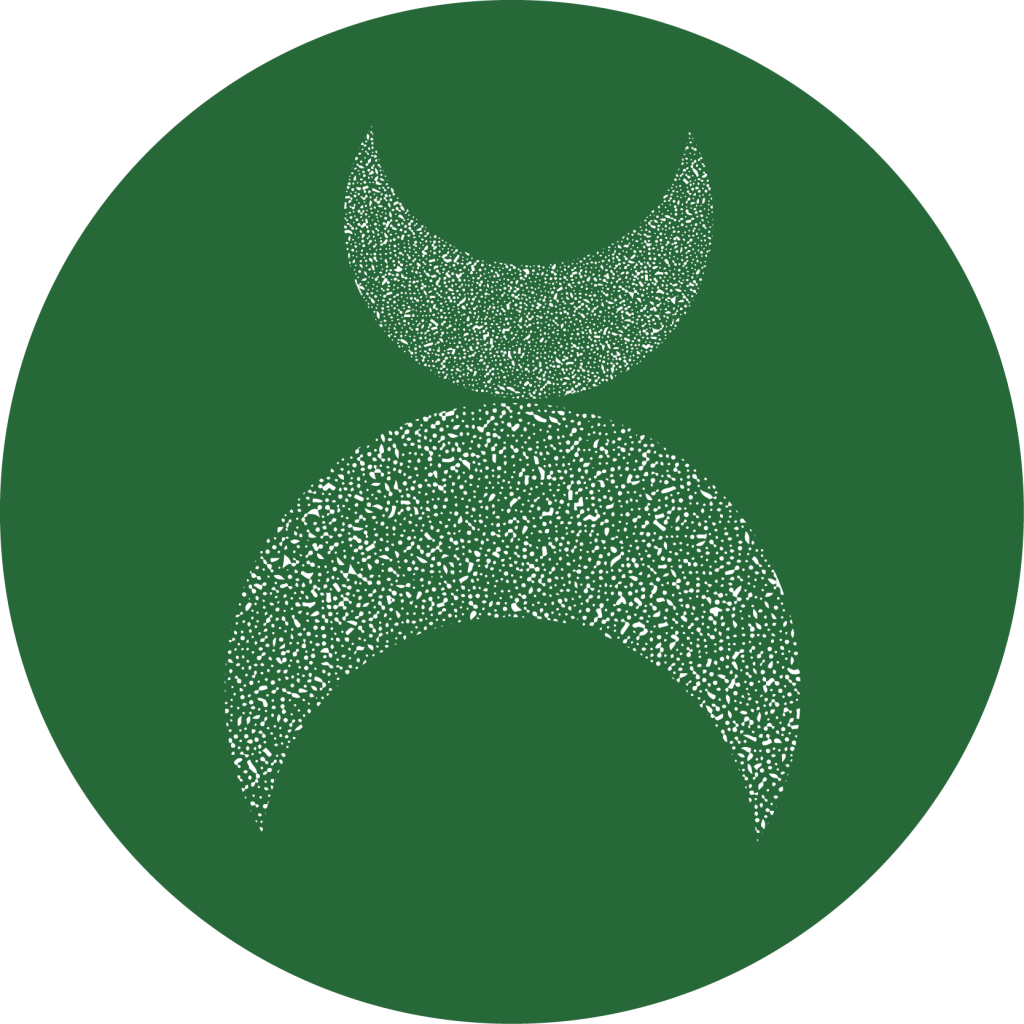 The MODRON logo: a green circle with two sickle moons in a paler, speckled colour. The smaller moon balances on the larger one.