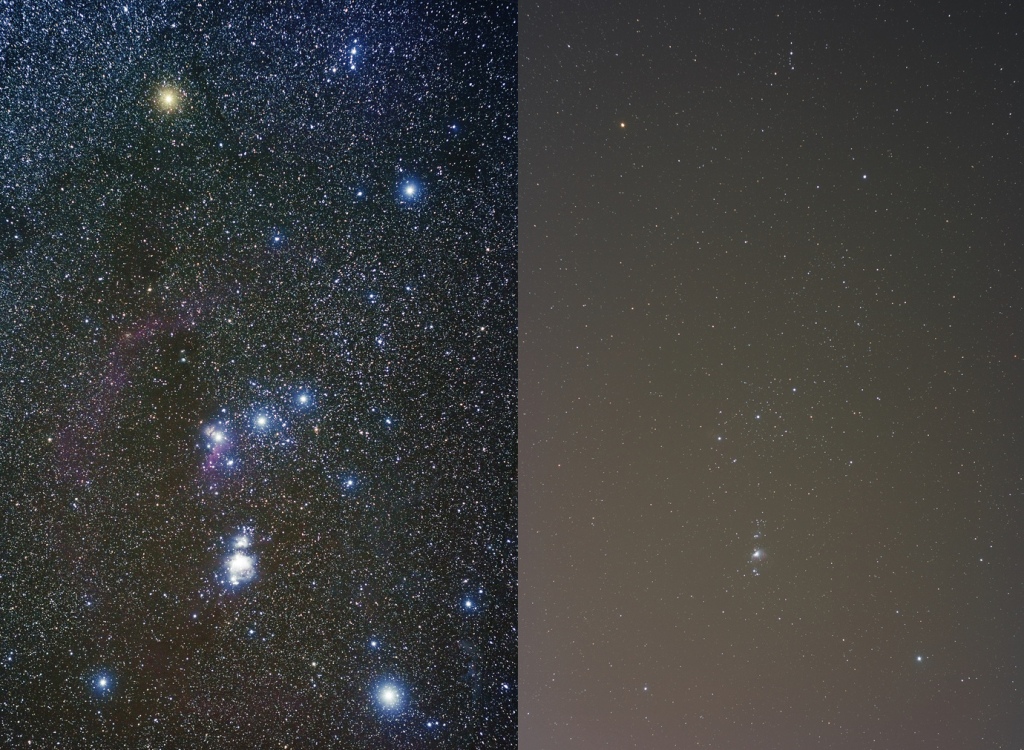 A comparison of two photograph - one where the stars in the night sky are very clear and the other showing