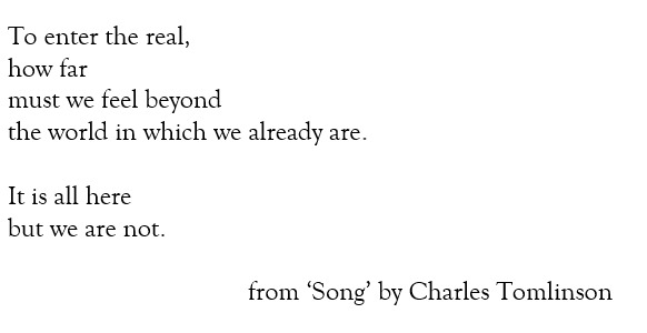 To enter the real,
how far
must we feel beyond
the world in which we already are.

It is all here
but we are not.

			from ‘Song’ by Charles Tomlinson
