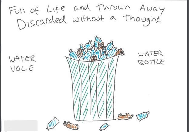 Sketch of a bin full of water bottles and dead water voles. Text: Full of Life and Thrown Away Discarded without a Thought. Water Vole. Water Bottle. 