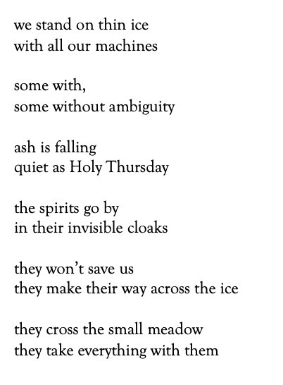 we stand on thin ice
with all our machines

some with,
some without ambiguity

ash is falling
quiet as Holy Thursday

the spirits go by
in their invisible cloaks 

they won’t save us
they make their way across the ice

they cross the small meadow
they take everything with them
