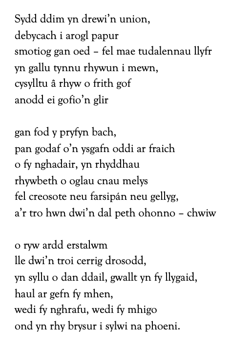 Sydd ddim yn drewi’n union,
debycach i arogl papur
smotiog gan oed – fel mae tudalennau llyfr 
yn gallu tynnu rhywun i mewn,
cysylltu â rhyw o frith gof
anodd ei gofio’n glir

gan fod y pryfyn bach,
pan godaf o’n ysgafn oddi ar fraich
o fy nghadair, yn rhyddhau
rhywbeth o oglau cnau melys
fel creosote neu farsipán neu gellyg,
a’r tro hwn dwi’n dal peth ohonno – chwiw

o ryw ardd erstalwm
lle dwi’n troi cerrig drosodd,
yn syllu o dan ddail, gwallt yn fy llygaid,
haul ar gefn fy mhen,
wedi fy nghrafu, wedi fy mhigo 
ond yn rhy brysur i sylwi na phoeni.
