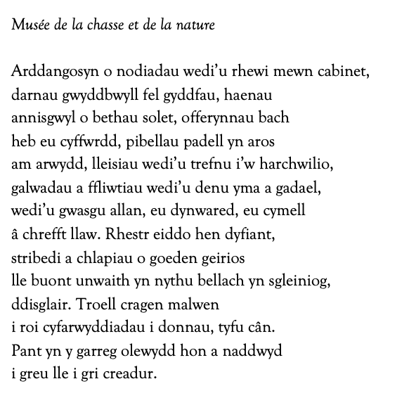 Musée de la chasse et de la nature

Arddangosyn o nodiadau wedi’u rhewi mewn cabinet,
darnau gwyddbwyll fel gyddfau, haenau 
annisgwyl o bethau solet, offerynnau bach
heb eu cyffwrdd, pibellau padell yn aros
am arwydd, lleisiau wedi’u trefnu i’w harchwilio,
galwadau a ffliwtiau wedi’u denu yma a gadael, 
wedi’u gwasgu allan, eu dynwared, eu cymell
â chrefft llaw. Rhestr eiddo hen dyfiant,
stribedi a chlapiau o goeden geirios
lle buont unwaith yn nythu bellach yn sgleiniog,  
ddisglair. Troell cragen malwen
i roi cyfarwyddiadau i donnau, tyfu cân.
Pant yn y garreg olewydd hon a naddwyd 
i greu lle i gri creadur.
