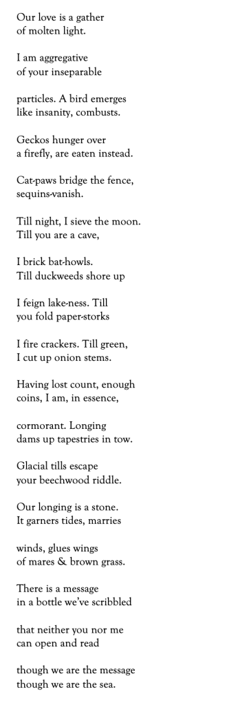 Our love is a gather 
of molten light. 
 
I am aggregative 
of your inseparable 
 
particles. A bird emerges 
like insanity, combusts.  
 
Geckos hunger over 
a firefly, are eaten instead. 
 
Cat-paws bridge the fence, 
sequins-vanish. 
 
Till night, I sieve the moon.  
Till you are a cave,  
 
I brick bat-howls. 
Till duckweeds shore up 
 
I feign lake-ness. Till  
you fold paper-storks 
 
I fire crackers. Till green,  
I cut up onion stems. 
 
Having lost count, enough 
coins, I am, in essence,  
 
cormorant. Longing 
dams up tapestries in tow. 
 
Glacial tills escape 
your beechwood riddle. 
 
Our longing is a stone. 
It garners tides, marries 
 
winds, glues wings  
of mares & brown grass. 
 
There is a message 
in a bottle we’ve scribbled 
 
that neither you nor me 
can open and read 
 
though we are the message 
though we are the sea. 


