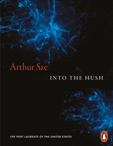 Cover of the book 'Into the Hush' by Arthur Sze, featuring abstract blue patterns and a dark background, with the author's name prominently displayed.