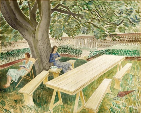 Two women sitting under a large tree in a garden with wooden benches and a long table. An umbrella is left on the grass.