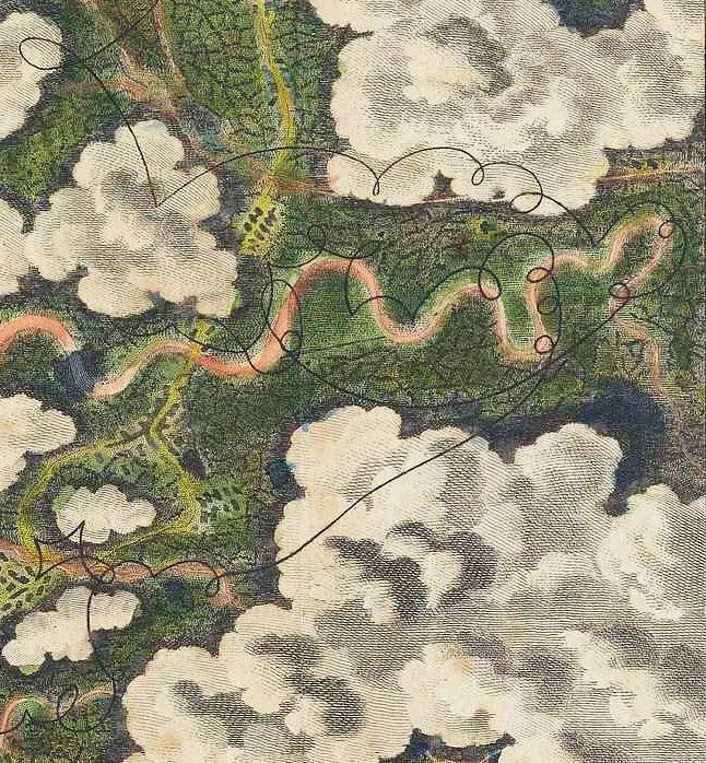 Vintage map segment showing winding river, roads, greenery, and clouds with hand-drawn flight path annotations