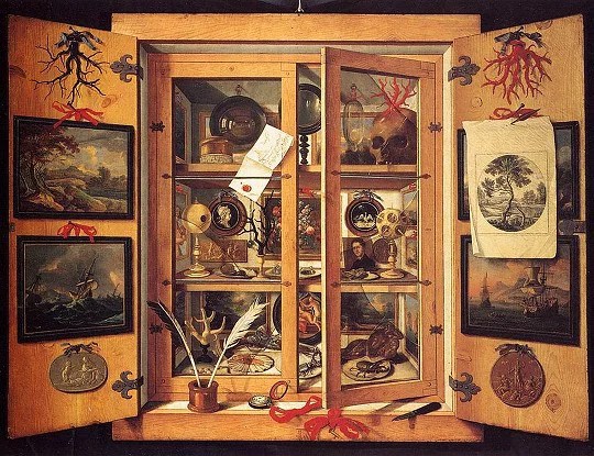 Cabinet of curiosities with glass doors displaying scientific instruments, skull, shells, and a portrait, flanked by framed landscape paintings and drawings, with decorative coral motifs.