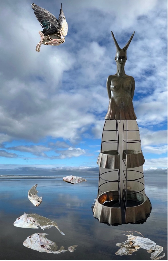 A surreal sculpture of a horned female figure with an open cage-like skirt floating above a reflective water surface, surrounded by skeletal fish and an owl flying in the cloudy sky