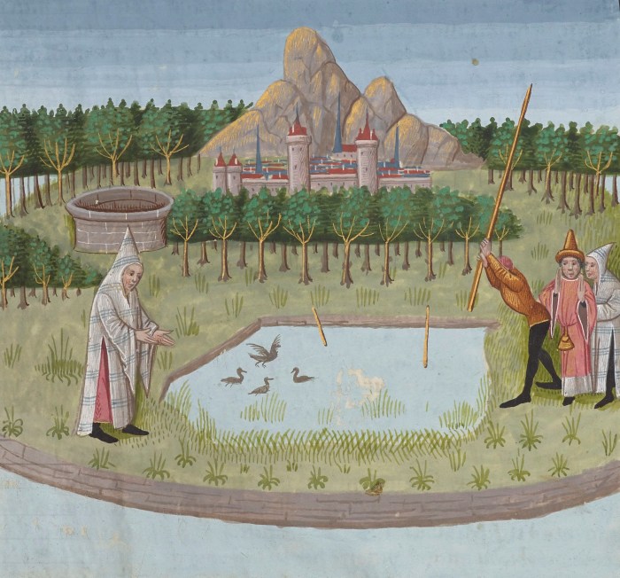 Medieval scene with robed figures near a pond with ducks, a castle, and mountains in the background