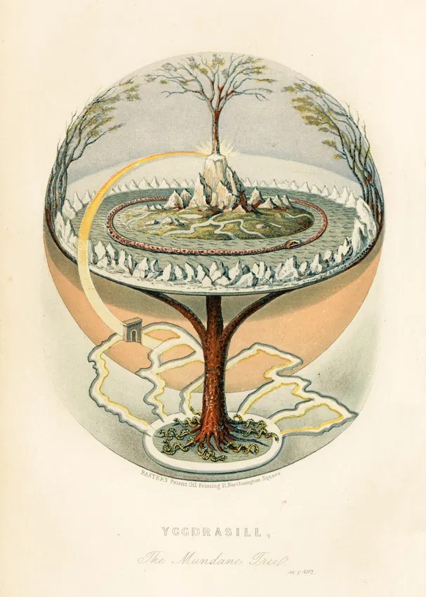 Illustration of a cross-sectioned globe containing a stylized “world tree” (Yggdrasill). A tall tree rises from roots below the earth into a circular landscape above, with mountains, winding rivers, and a ring of jagged formations encircling the land. The scene is enclosed within a transparent sphere, showing both the underground root system and the upper world beneath a pale sky.