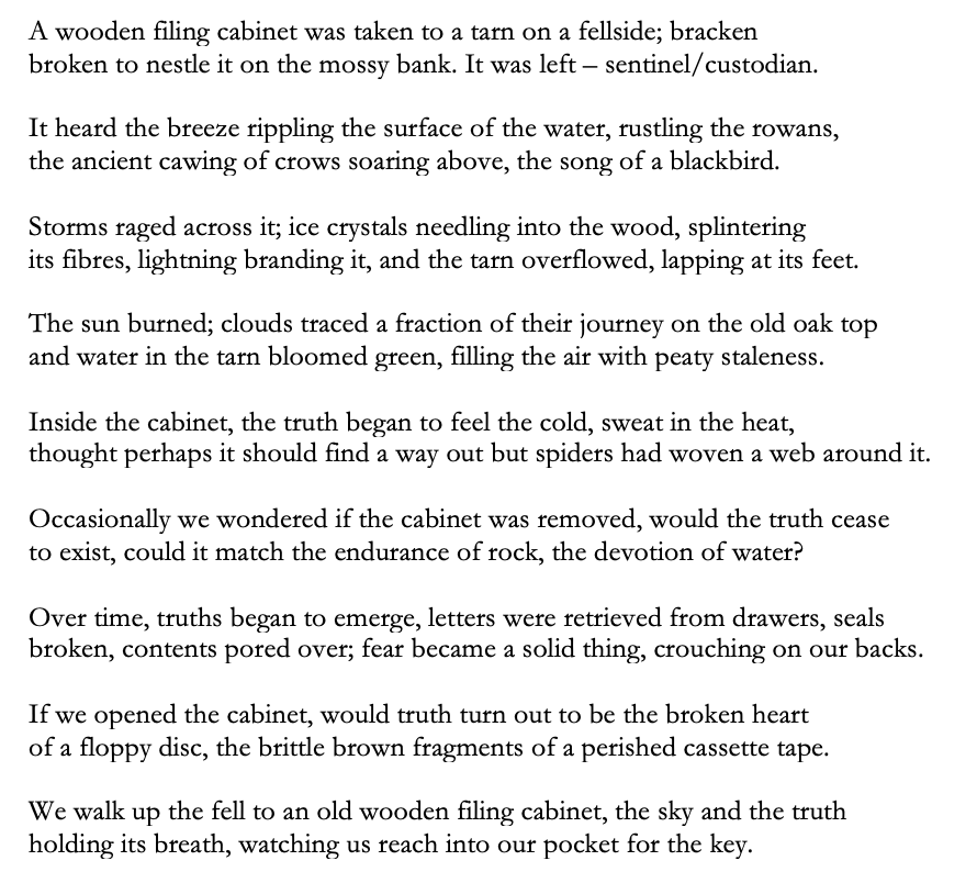 A wooden filing cabinet was taken to a tarn on a fellside; bracken
broken to nestle it on the mossy bank. It was left – sentinel/custodian.

It heard the breeze rippling the surface of the water, rustling the rowans,
the ancient cawing of crows soaring above, the song of a blackbird.

Storms raged across it; ice crystals needling into the wood, splintering 
its fibres, lightning branding it, and the tarn overflowed, lapping at its feet.

The sun burned; clouds traced a fraction of their journey on the old oak top
and water in the tarn bloomed green, filling the air with peaty staleness. 

Inside the cabinet, the truth began to feel the cold, sweat in the heat, 
thought perhaps it should find a way out but spiders had woven a web around it. 

Occasionally we wondered if the cabinet was removed, would the truth cease
to exist, could it match the endurance of rock, the devotion of water?

Over time, truths began to emerge, letters were retrieved from drawers, seals 
broken, contents pored over; fear became a solid thing, crouching on our backs.

If we opened the cabinet, would truth turn out to be the broken heart 
of a floppy disc, the brittle brown fragments of a perished cassette tape.

We walk up the fell to an old wooden filing cabinet, the sky and the truth
holding its breath, watching us reach into our pocket for the key. 

