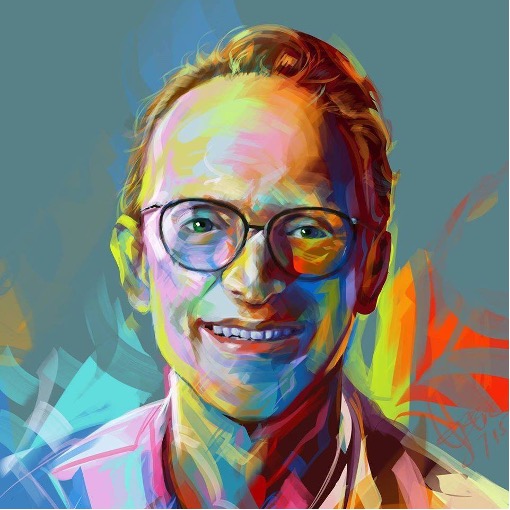 A painting of Peter Taylor with his face daubed in ranbow colours - he is a white man with glasses smiling.
