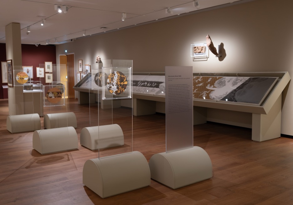 Museum gallery with ancient artifacts displayed in glass cases and framed artwork on walls